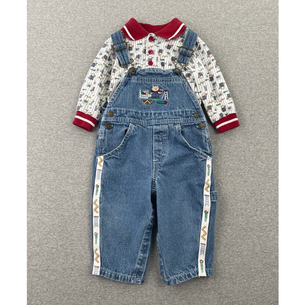Vintage Miniwear Teddy Bear Embroidered Denim Overalls Shirt Set Baby 12 months